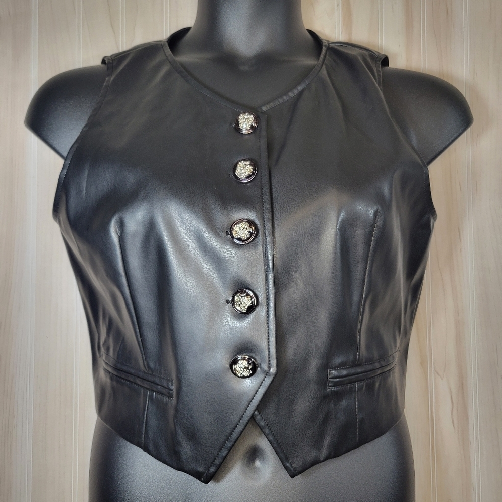 Cider Black Faux-Leather Button-Up Vest Sz XL